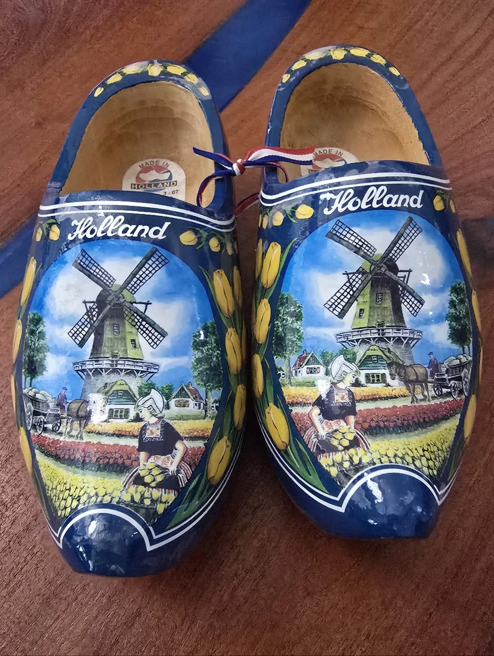 Holland Blue Kids Wooden Moccasin Clogs with Tulip & Windmill Art